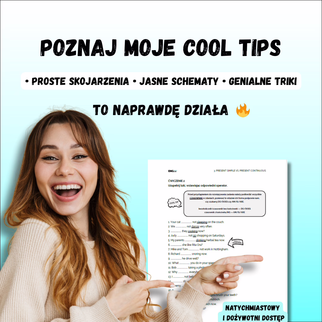 Kobieta uśmiecha się i wskazuje arkusz z poradami, obok tytuł 'Poznaj moje cool tips'