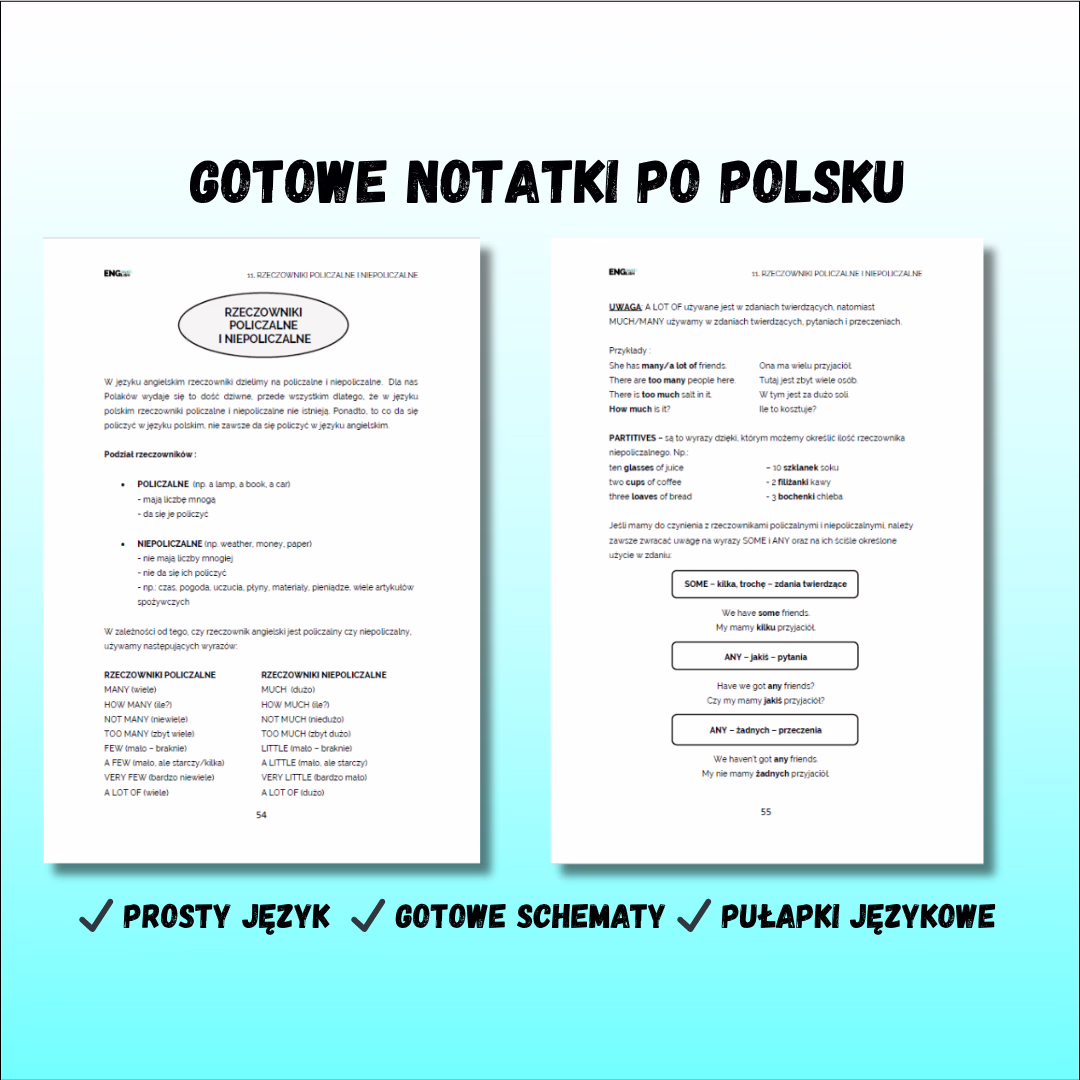 Grafika z dwoma stronami gotowych notatek po polsku, z nagłówkiem „Gotowe notatki po polsku” na jasnym tle.
