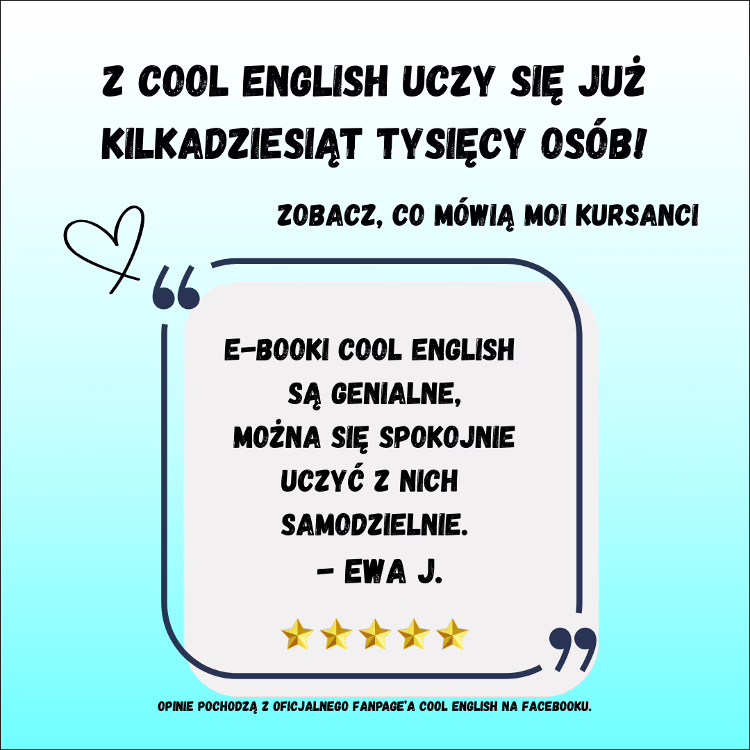 Grafika z opinią użytkowniczki o kursie Cool English, że e-booki są genialne, białe pole z tekstem recenzji na tle jasnoniebieskim oraz dekoracyjne gwiazdki oceny.
