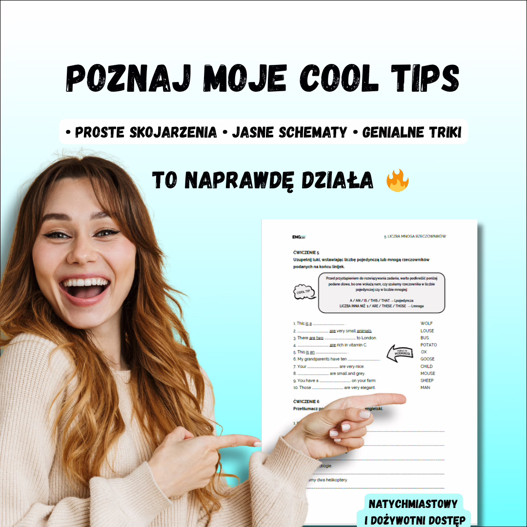 Grafika promocyjna: uśmiechnięta kobieta wskazuje na arkusz z poradami; obok widoczny tekst „Poznaj moje cool tips