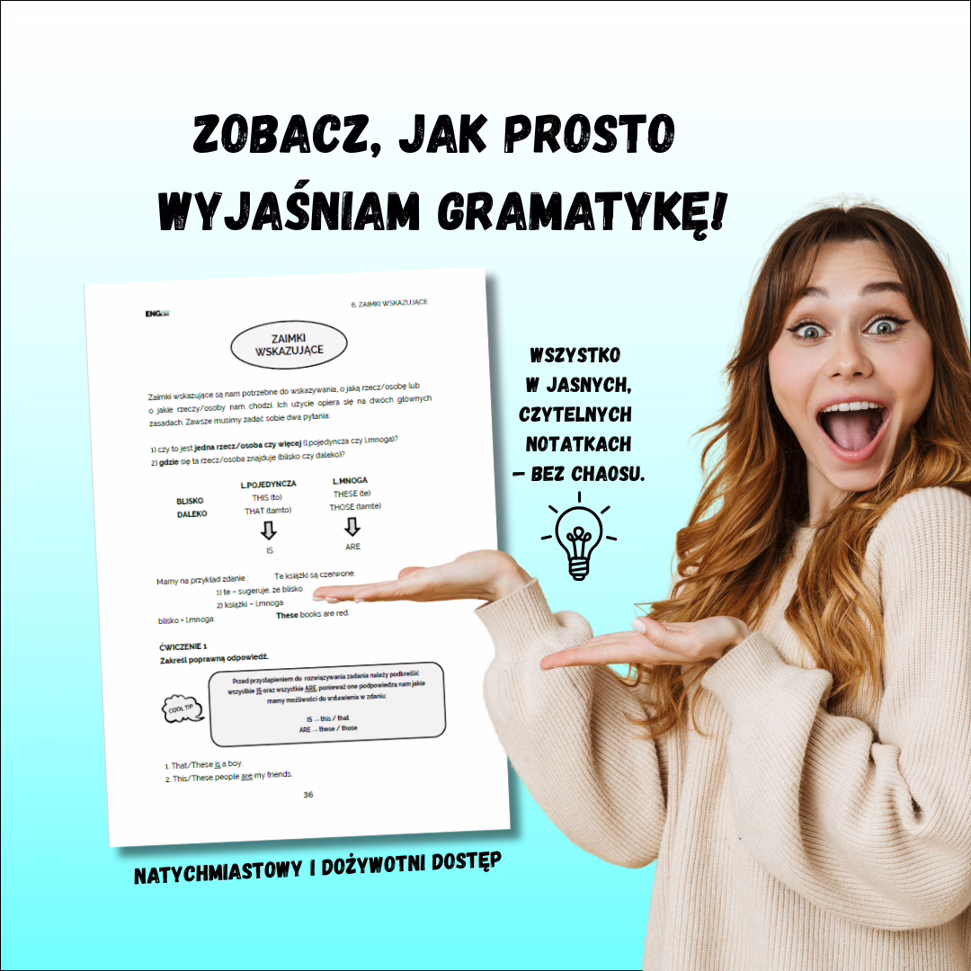 Grafika promocyjna: uśmiechnięta kobieta wskazuje na kartę z przykładami gramatycznymi; obok widoczny tekst „Zobacz, jak prosto wyjaśniam gramatykę!