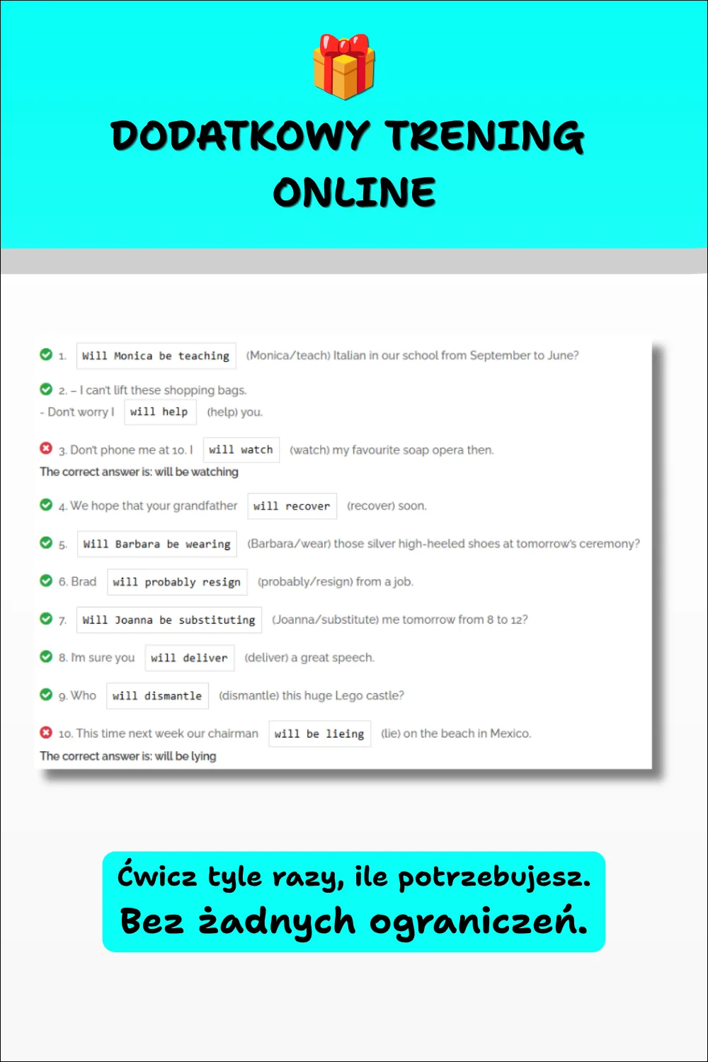 Cool English Grammar Repetytorium cz. 4 – dodatkowy trening online z automatycznym sprawdzaniem odpowiedzi.