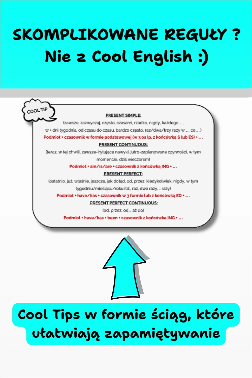 Cool English Grammar – Tłumaczenia cz. 2. Grafika przedstawiająca Cool Tips ułatwiające zapamiętywanie zasad gramatyki angielskiej w formie prostych schematów i ściąg.