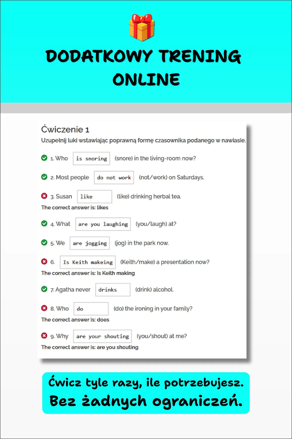 Cool English Grammar – Tłumaczenia cz. 2. Grafika przedstawiająca dodatkowe ćwiczenia online umożliwiające utrwalanie angielskiej gramatyki i sprawdzanie odpowiedzi.