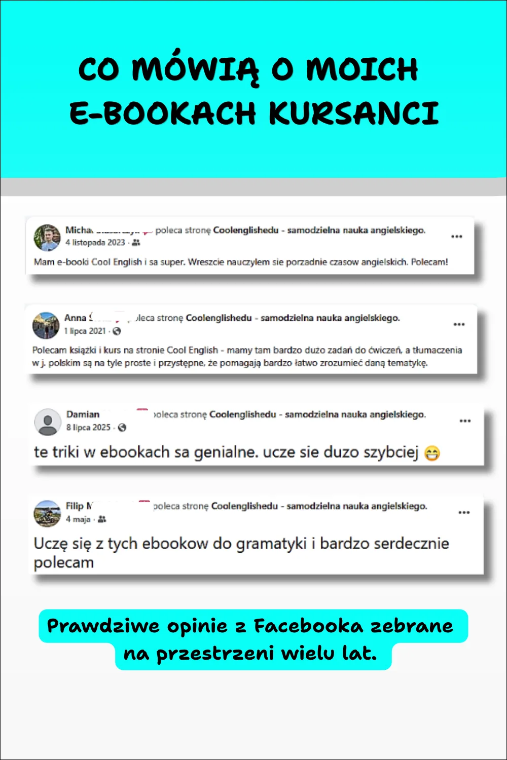 Cool English Grammar – Tłumaczenia cz. 3. Grafika przedstawiająca autentyczne opinie kursantów o e-bookach i samodzielnej nauce języka angielskiego.