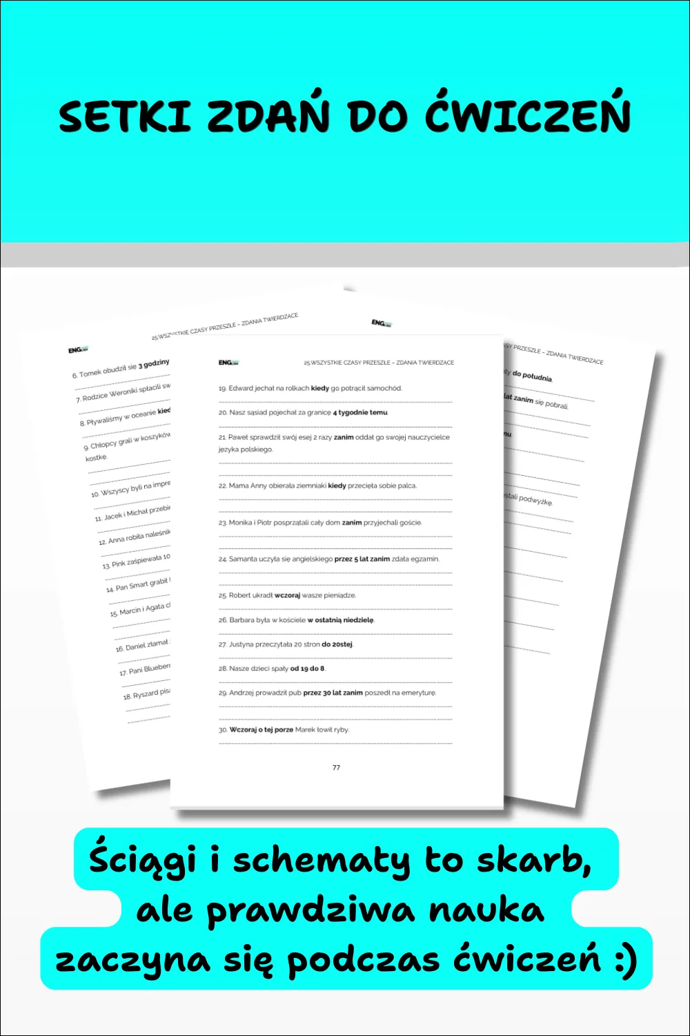 Cool English Grammar – Tłumaczenia cz. 3. Grafika przedstawiająca przykładowe strony z setkami zdań do ćwiczeń i tłumaczeń z języka polskiego na angielski.