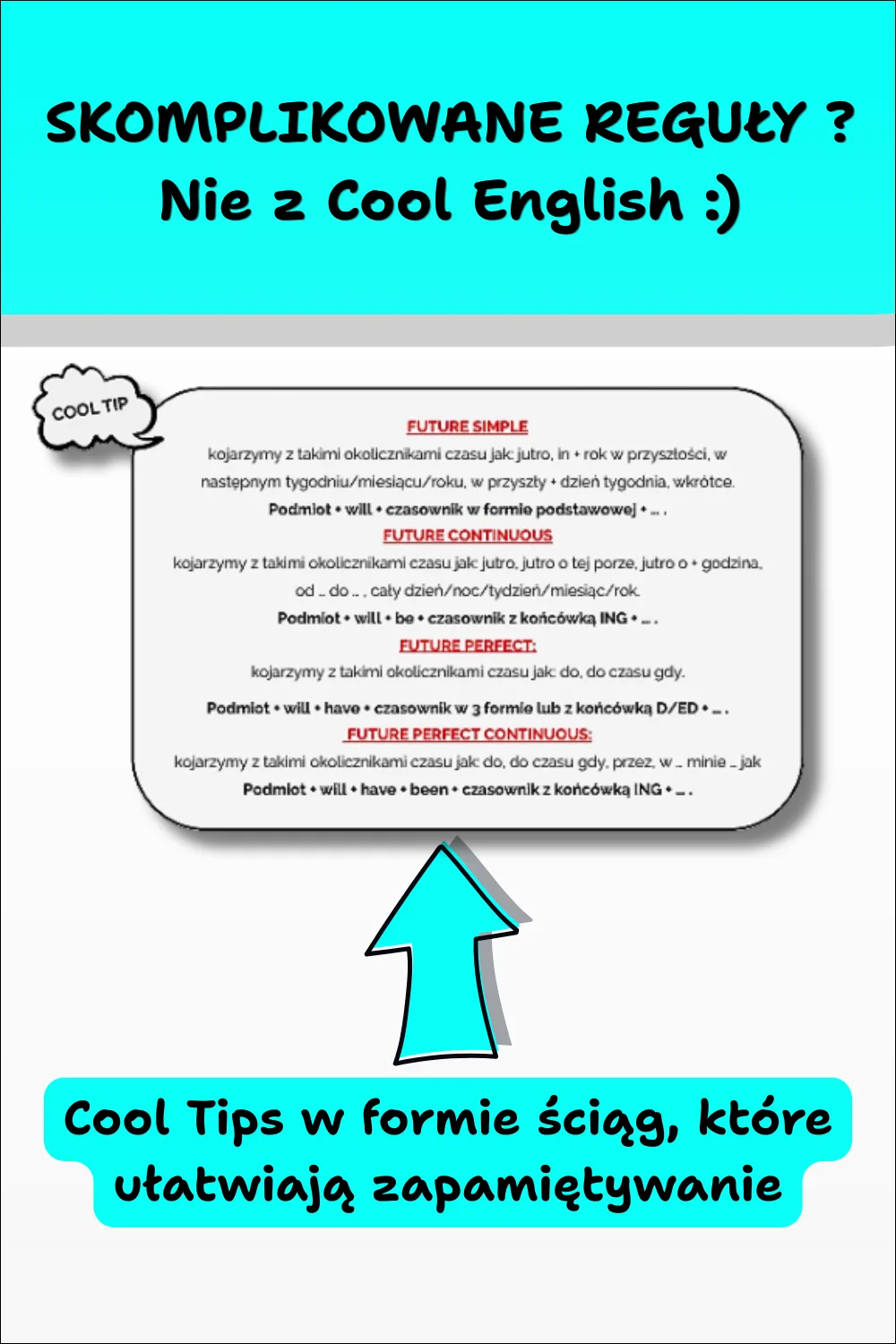 Cool English Grammar – Tłumaczenia cz. 4. Grafika przedstawiająca Cool Tips w formie prostych ściąg i schematów, które ułatwiają zrozumienie oraz zapamiętanie zasad gramatycznych.