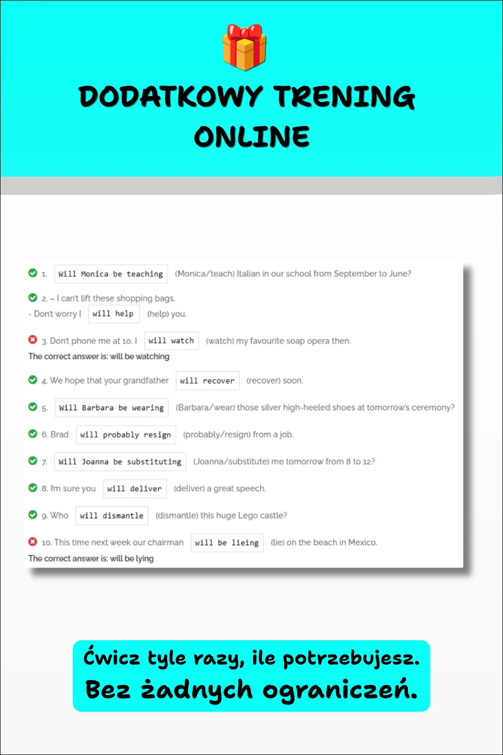 Cool English Grammar – Tłumaczenia cz. 4. Grafika przedstawiająca dodatkowy trening online z zadaniami gramatycznymi, który pozwala ćwiczyć bez ograniczeń i utrwalać poznane zagadnienia.