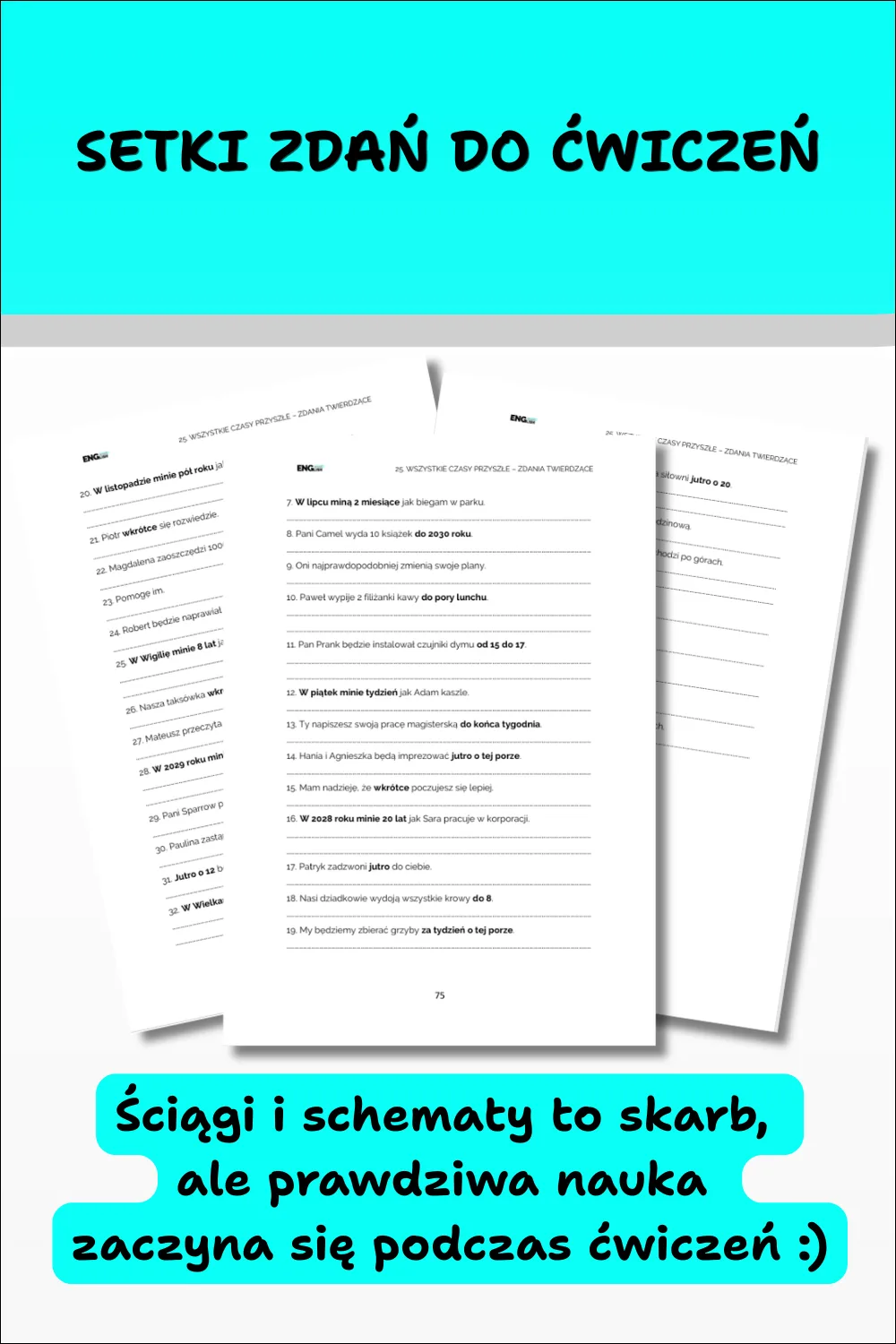Cool English Grammar – Tłumaczenia cz. 4. Grafika przedstawiająca setki zdań do ćwiczeń, które pomagają utrwalić gramatykę i sprawdzić zdobytą wiedzę.