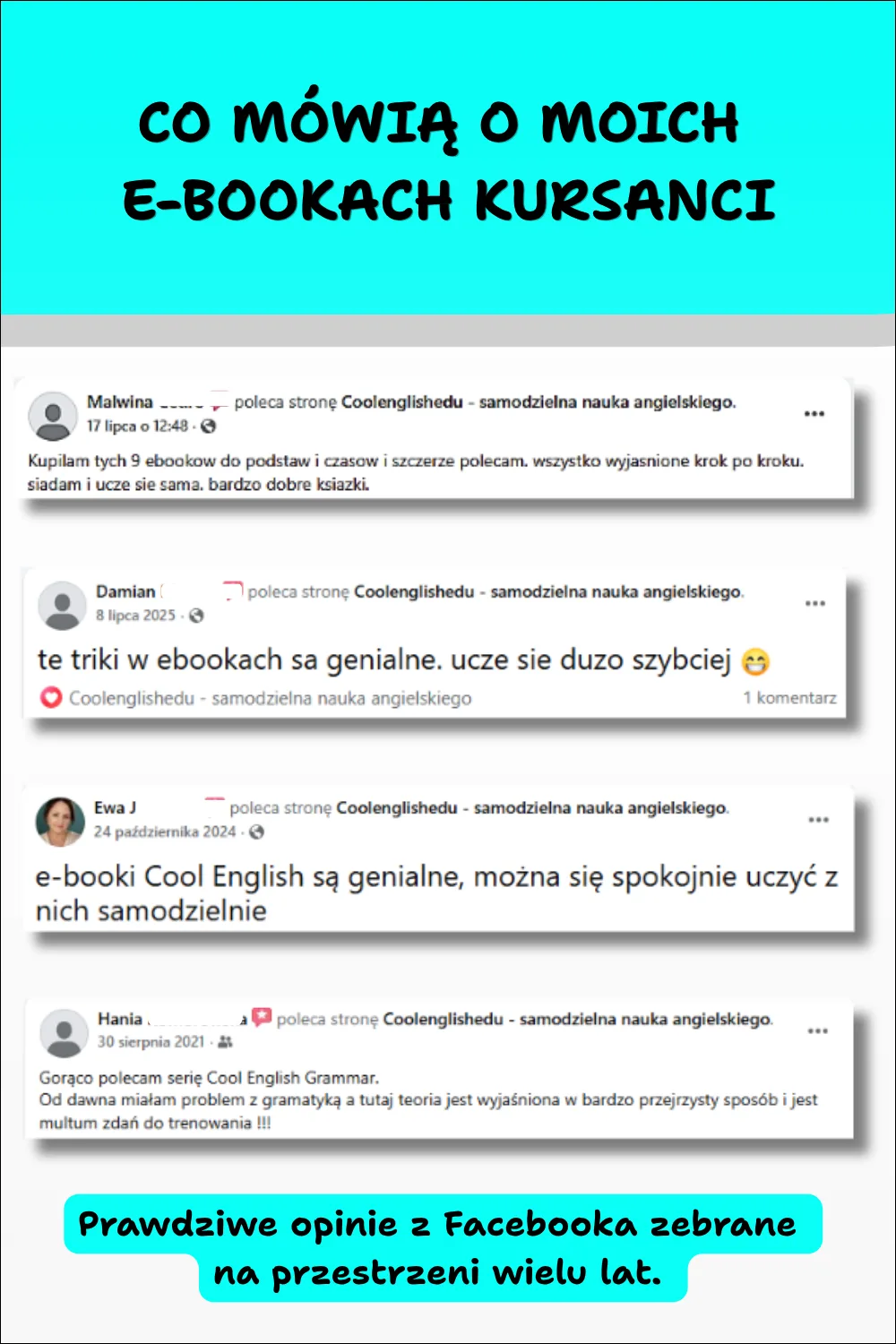 Cool English Grammar – Tłumaczenia cz. 5. Grafika przedstawiająca autentyczne opinie kursantów o e-bookach Cool English oraz samodzielnej nauce języka angielskiego.