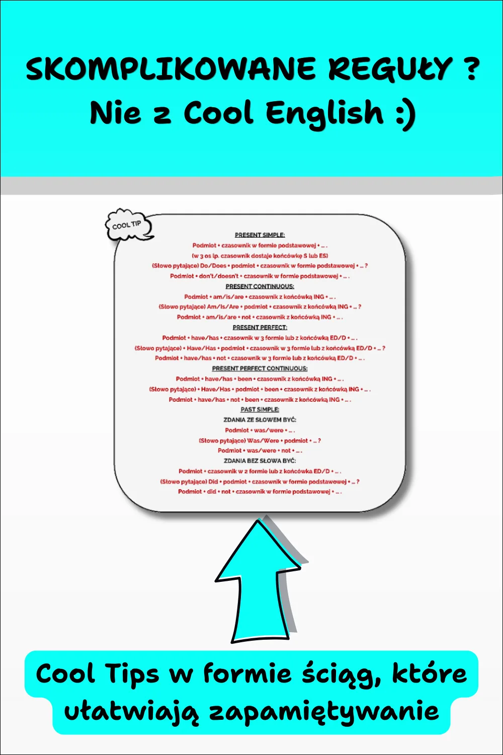 Cool English Grammar – Tłumaczenia cz. 5. Grafika przedstawiająca Cool Tips w formie prostych ściąg i schematów, które ułatwiają zrozumienie oraz zapamiętanie zasad gramatycznych.