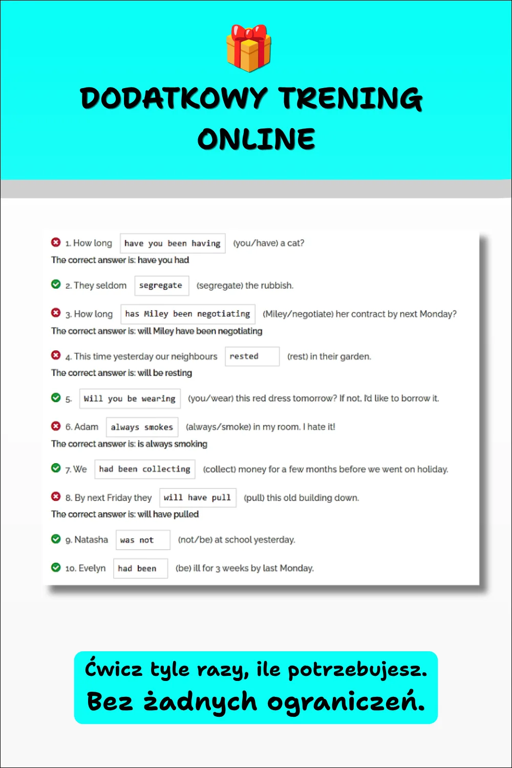 Cool English Grammar – Tłumaczenia cz. 5. Grafika przedstawiająca dodatkowy trening online z gramatyki języka angielskiego, umożliwiający nieograniczone ćwiczenie materiału i utrwalanie wszystkich poznanych zagadnień.