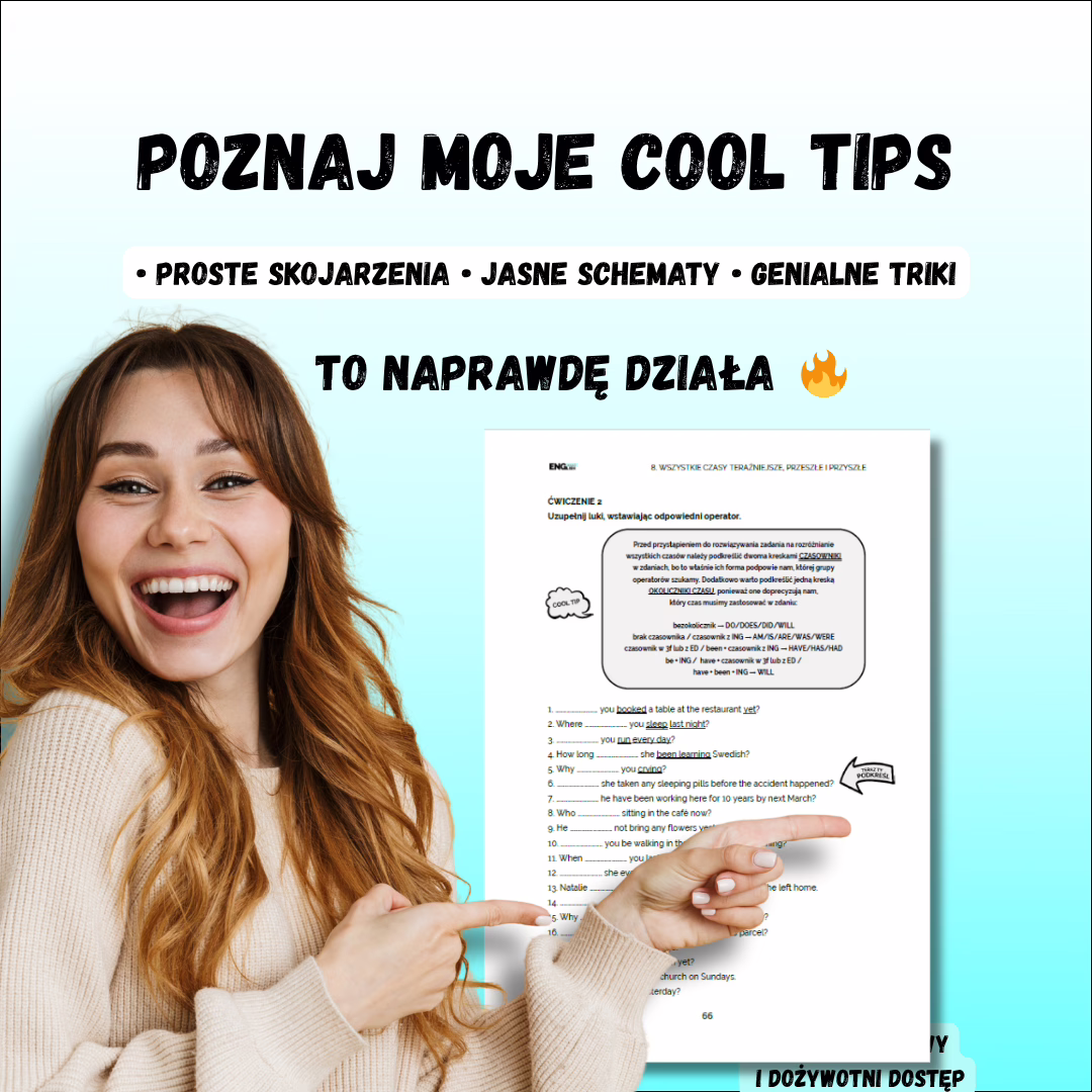 Kobieta uśmiecha się i wskazuje arkusz z poradami, obok tytuł 'Poznaj moje cool tips'
