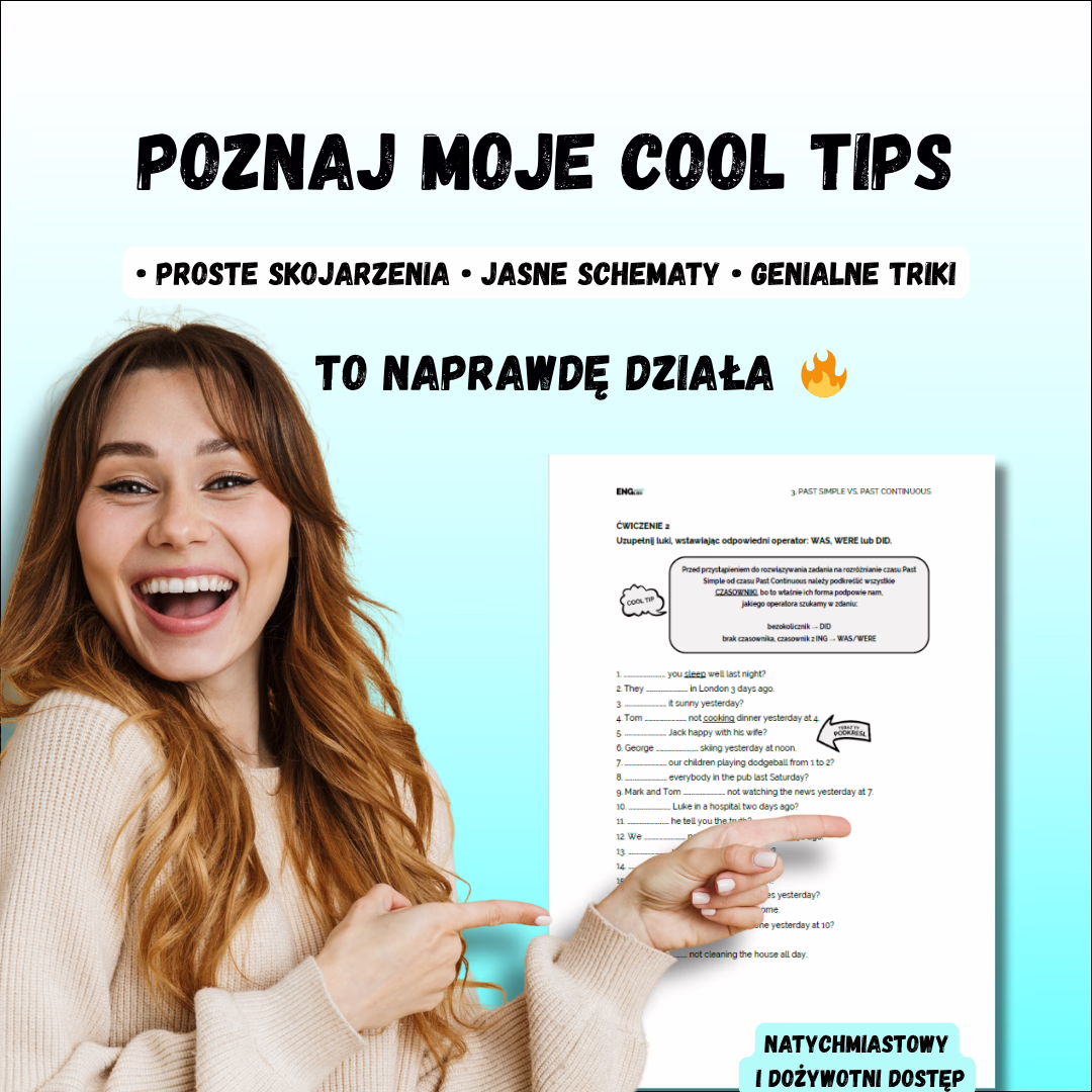 Kobieta uśmiecha się i wskazuje arkusz z poradami, obok tytuł 'Poznaj moje cool tips'
