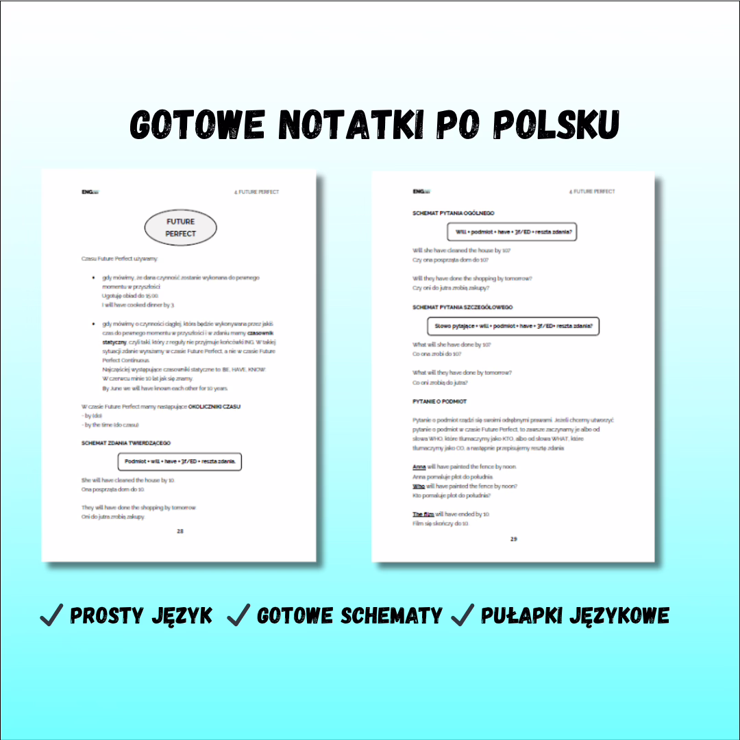 Grafika przedstawiająca dwie strony gotowych notatek po polsku.