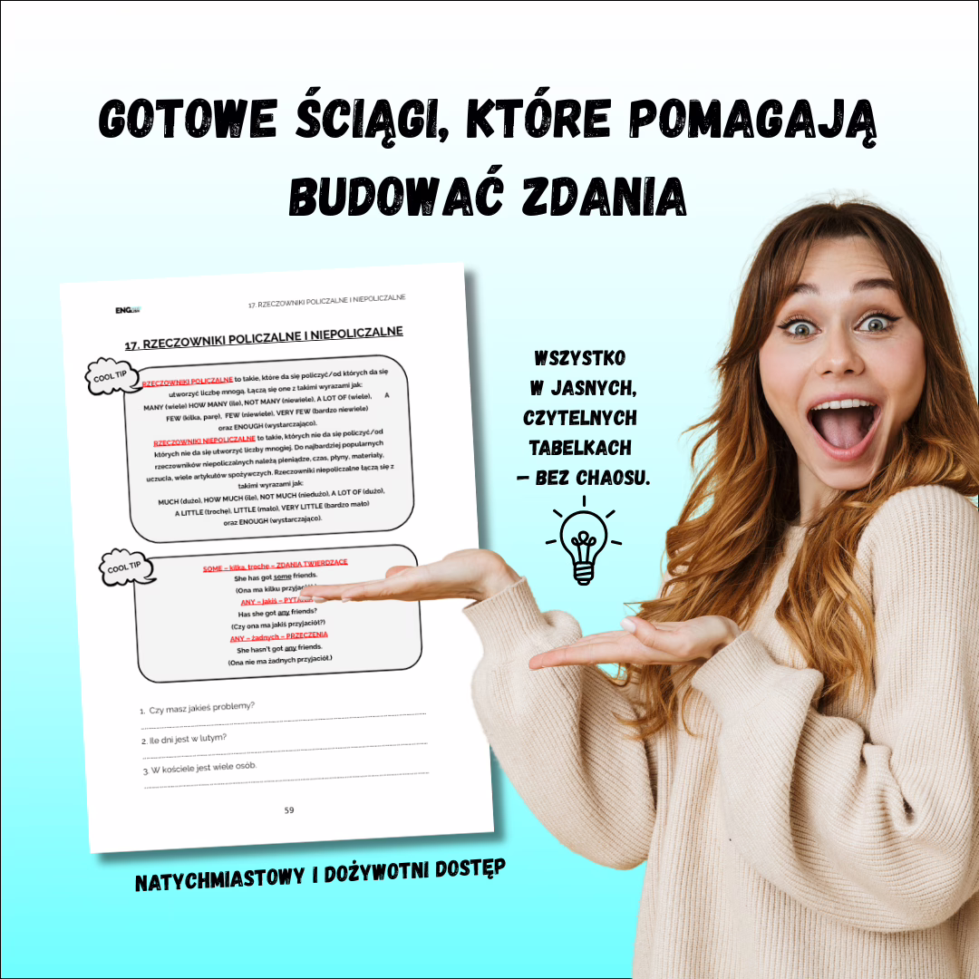 Gotowe ściągi i schematy zdań do nauki podstaw gramatyki angielskiej w tłumaczeniach. E-book PDF z czytelnymi tabelkami i ćwiczeniami.