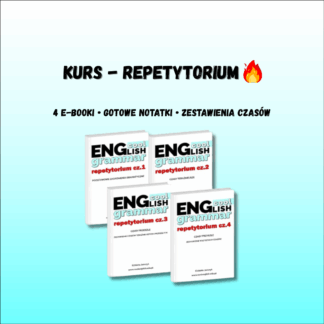Grafika przedstawia okładki czterech e-booków z serii ‘English Grammar Repetytorium’ oraz hasło: kurs - repetytorium, 4 e-booki, gotowe notatki i zestawienia czasów.