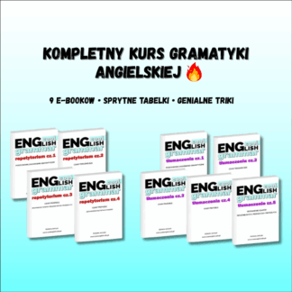 Pakiet e-booków do nauki czasów angielskich – grafika z okładkami i krótkim hasłem promocyjnym.