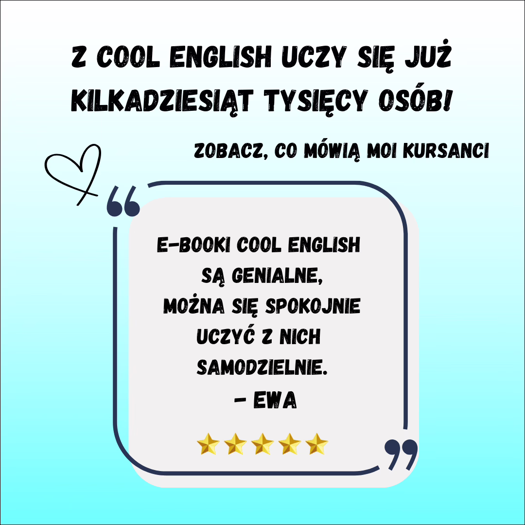 Grafika z opinią kursantki o e-bookach Cool English oraz tekstem o popularności kursu.