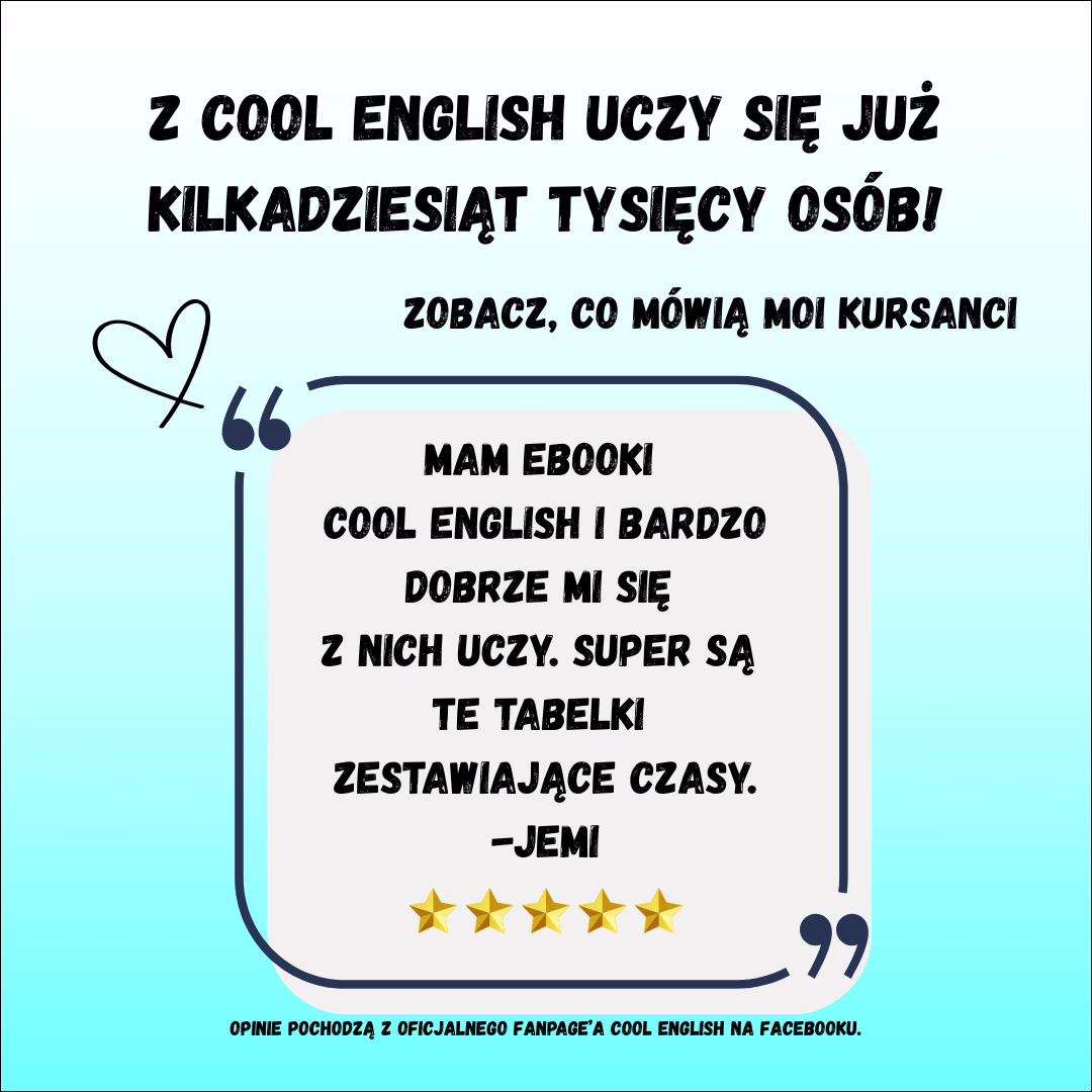 Grafika z opinią kursanta o e-bookach Cool English oraz tekstem o tym, że bardzo dobrze mu się z nich uczy i że tabelki zestawiające czasy są super.