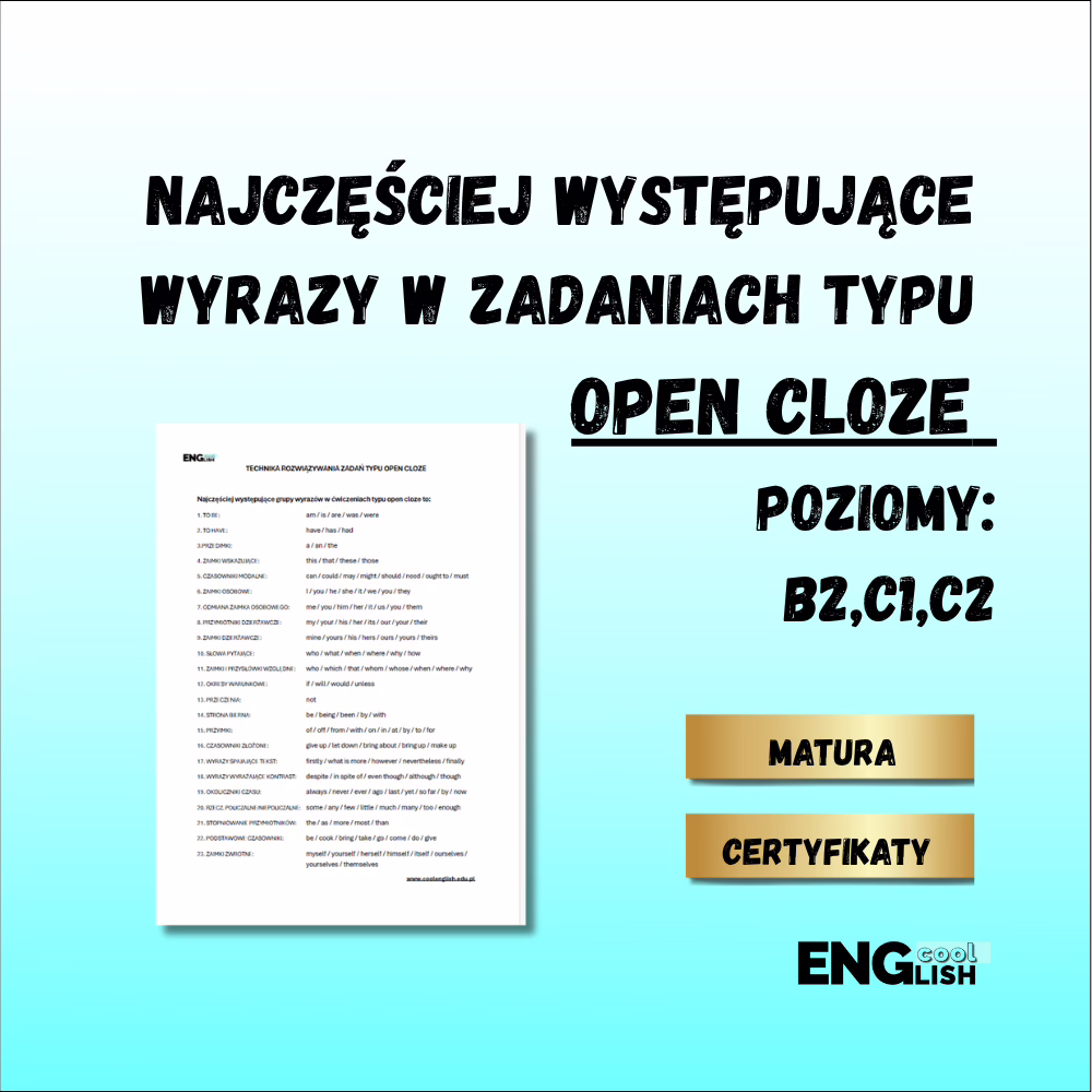 Najczęściej występujące wyrazy w zadaniach typu Open Cloze na poziomach B2, C1 i C2 - grafika edukacyjna.
