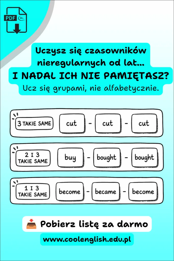 Darmowy PDF - czasowniki nieregularne w grupach łatwych do zapamiętania.