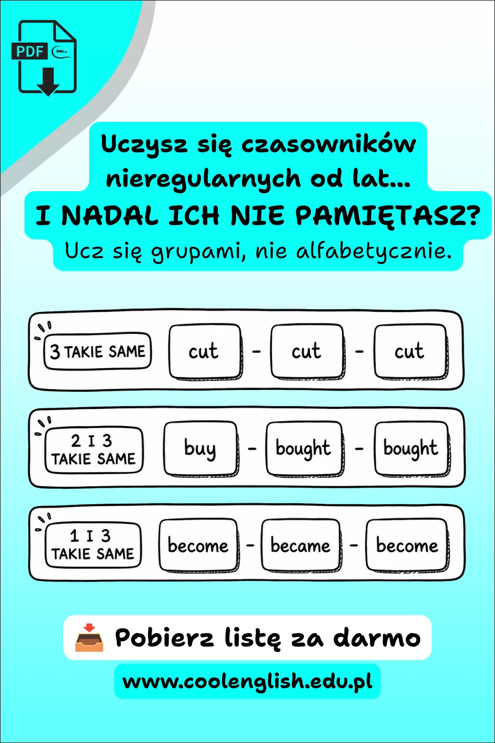 Darmowy PDF - czasowniki nieregularne w grupach łatwych do zapamiętania.