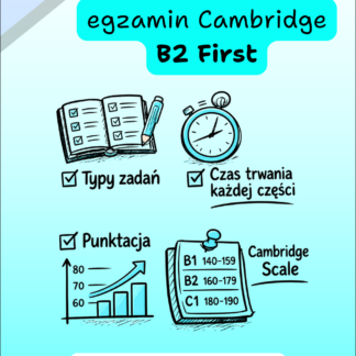 Jak wygląda egzamin Cambridge B2 First – darmowy PDF z typami zadań, punktacją, Cambridge Scale i czasem trwania egzaminu.
