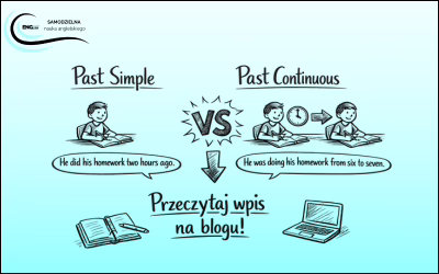 grafika porównująca past simple i past continuous z przykładowymi zdaniami