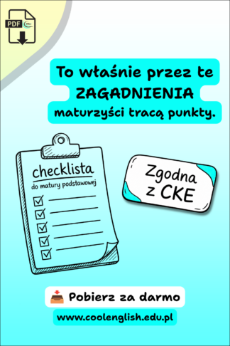 Rysunkowa checklista do matury podstawowej z angielskiego z odhaczonymi punktami i napisem „Zgodna z CKE”