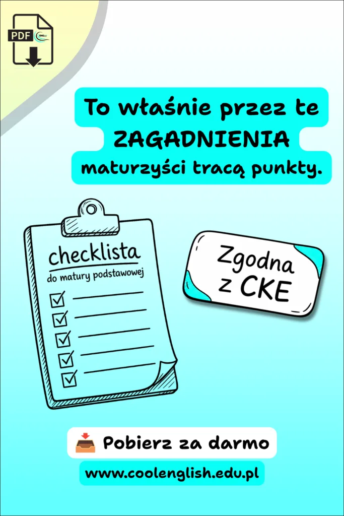 Rysunkowa checklista do matury podstawowej z angielskiego z odhaczonymi punktami i napisem „Zgodna z CKE”