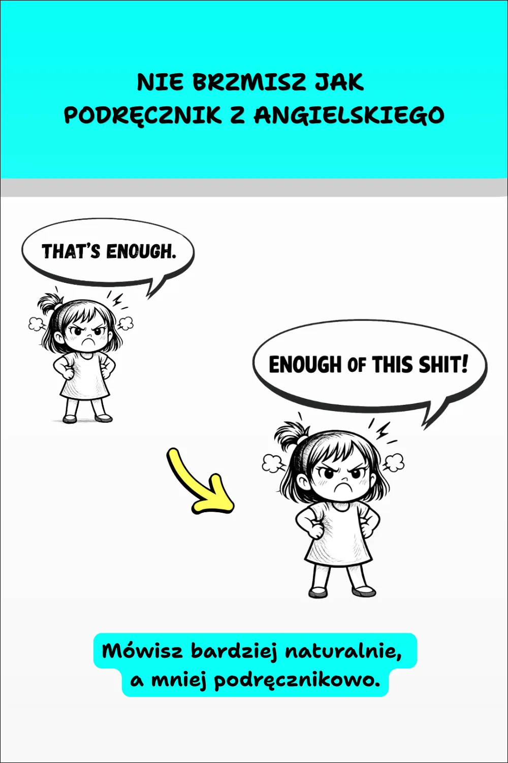 Grafika przedstawiająca porównanie podręcznikowego i naturalnego sposobu wyrażania emocji po angielsku. Zawiera przykłady „That's enough” oraz „Enough of this shit!” z e-booka „Tak powie native #5”.