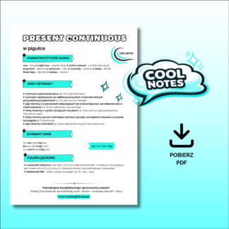 grafika przedstawiająca wszystkie najważniejsze informacje o czasie Present Continuous - tzw cool notes.