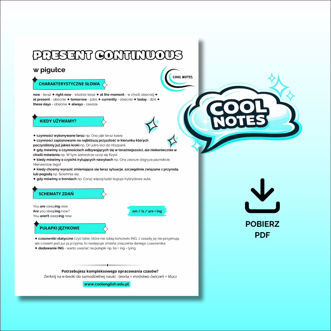 grafika przedstawiająca wszystkie najważniejsze informacje o czasie Present Continuous - tzw cool notes.