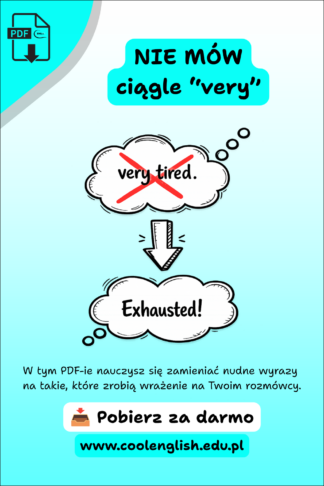 Grafika „Nie mów ciągle very” – very tired zastąpione przez exhausted, darmowy PDF z zamiennikami very po angielsku
