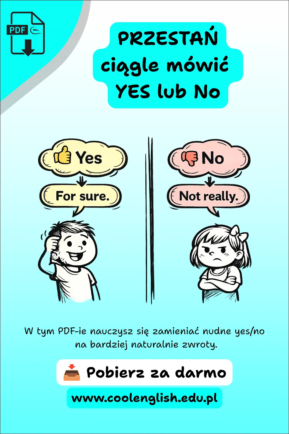 Chłopiec i dziewczynka pokazujący naturalne zamienniki „yes” i „no” po angielsku – darmowy PDF