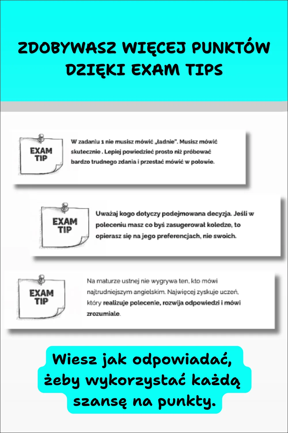 Grafika przedstawiająca praktyczne wskazówki egzaminacyjne (Exam Tips), które pomagają zdobyć więcej punktów na maturze ustnej z języka angielskiego poprzez lepsze realizowanie poleceń i unikanie typowych błędów.