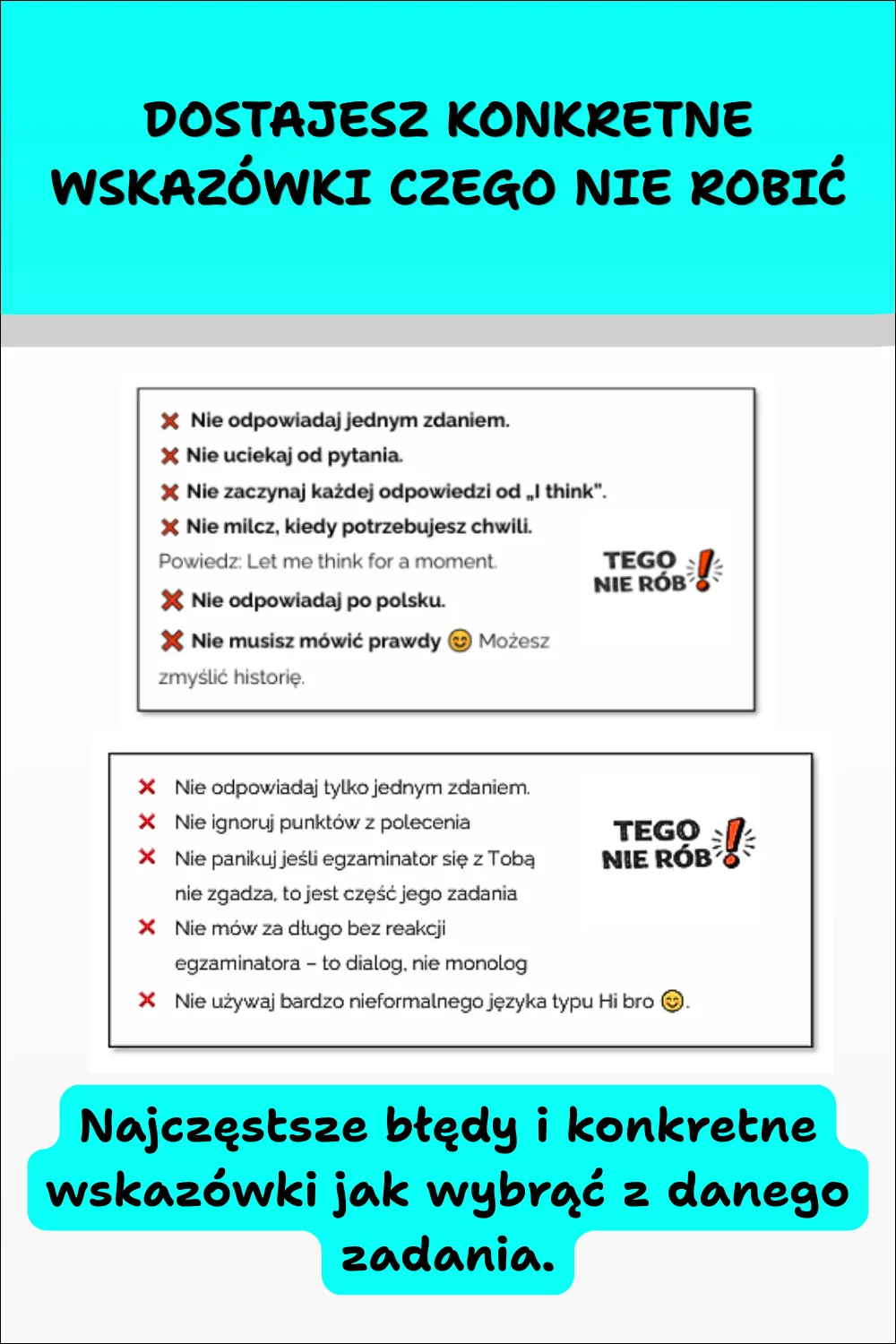 Grafika z e-booka „Matura ustna z angielskiego krok po kroku” przedstawiająca najczęstsze błędy na maturze ustnej z języka angielskiego oraz praktyczne wskazówki, czego unikać podczas egzaminu.