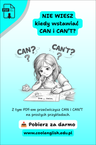Darmowy PDF „Can i can’t po angielsku” – szkicowana dziewczynka zastanawiająca się, kiedy użyć can i can’t w zdaniu.
