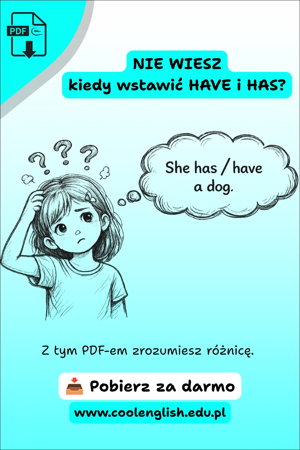 Darmowy PDF „Odmiana czasownika mieć – TO HAVE” – dziewczynka zastanawiająca się, czy użyć „has” czy „have” w zdaniu „She has / have a dog”