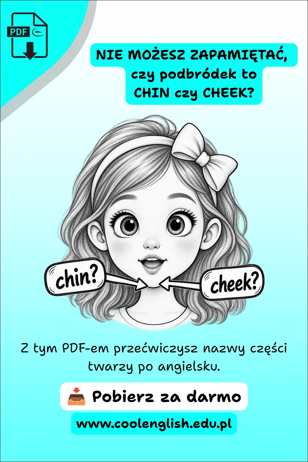 Dziewczynka ze strzałkami wskazującymi podbródek i napisami „chin?” oraz „cheek?” – części twarzy po angielsku, darmowy PDF