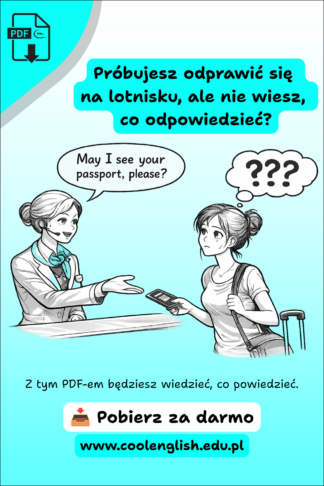 Jak odprawić się na lotnisku po angielsku? – Darmowy PDF z gotowymi zwrotami do rozmowy podczas odprawy na lotnisku. Grafika przedstawia pracownika check-in oraz pasażerkę, która nie wie, co odpowiedzieć po angielsku.