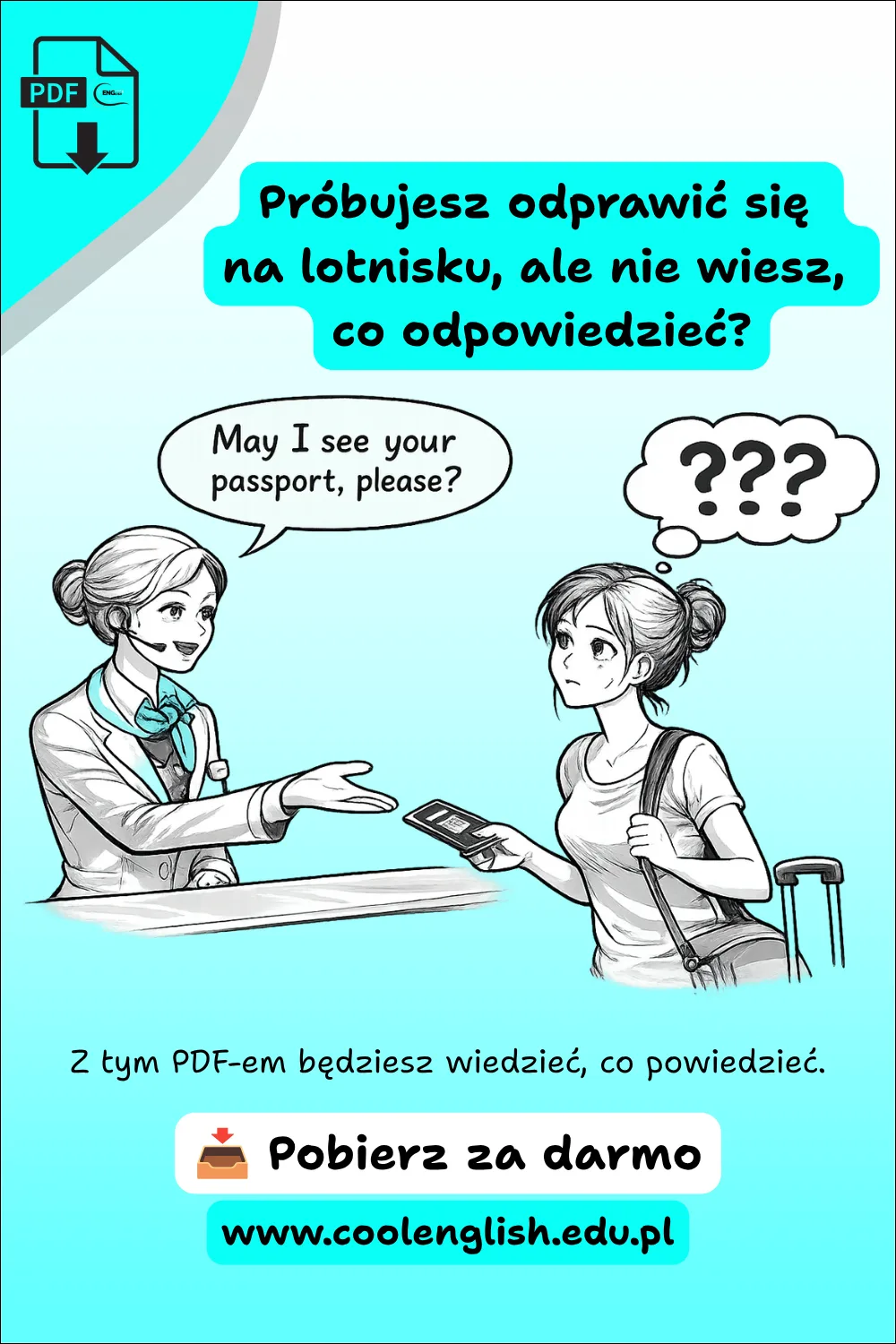 Jak odprawić się na lotnisku po angielsku? – Darmowy PDF z gotowymi zwrotami do rozmowy podczas odprawy na lotnisku. Grafika przedstawia pracownika check-in oraz pasażerkę, która nie wie, co odpowiedzieć po angielsku.