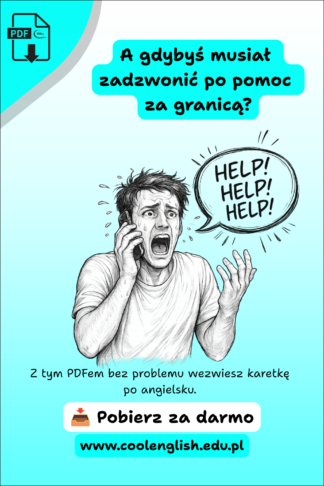 Jak wezwać pogotowie po angielsku? Darmowy PDF – spanikowany mężczyzna dzwoni po pomoc i krzyczy „HELP! HELP! HELP!” przez telefon.