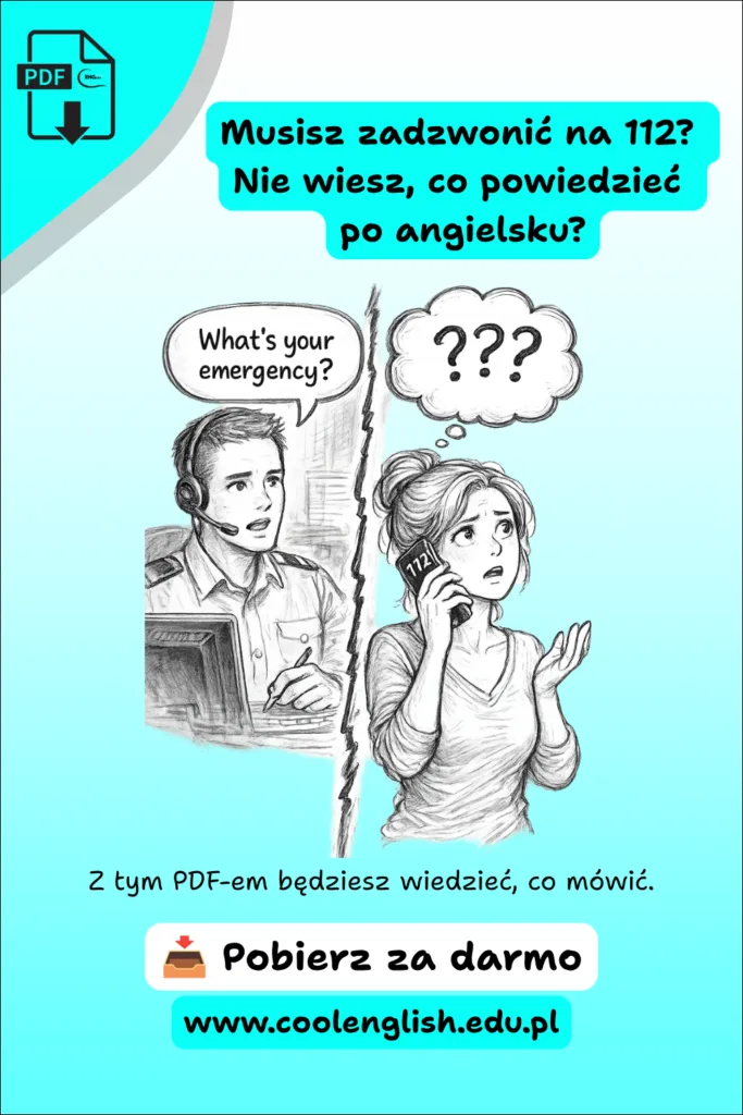 Jak zadzwonić na numer alarmowy po angielsku? – Darmowy PDF z gotowymi zwrotami do rozmowy z numerem 112 oraz grafiką przedstawiającą dyspozytora i osobę dzwoniącą po pomoc.