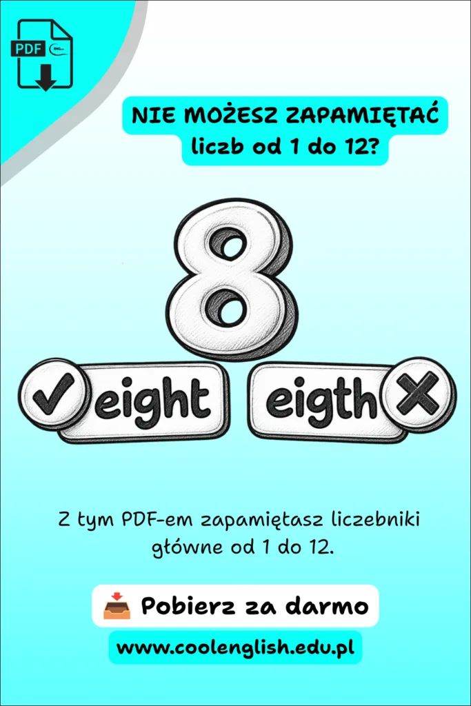 Darmowy PDF „Liczby 1–12 po angielsku” – liczba 8 i porównanie poprawnego „eight” z błędnym „eigth”