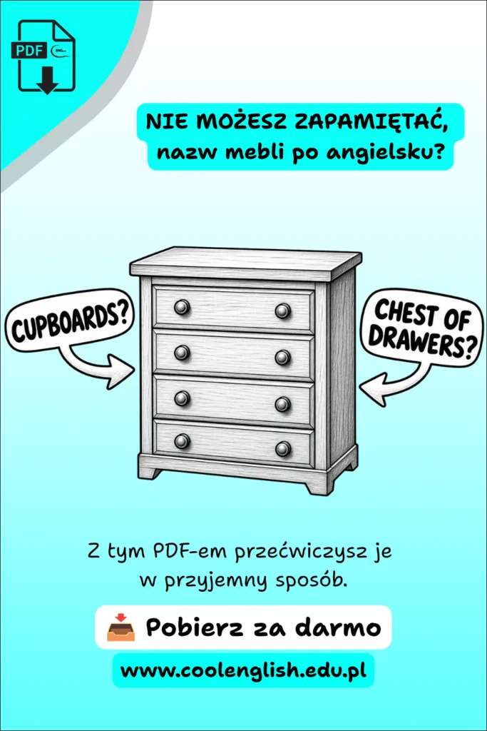 Szkicowana komoda ze strzałkami i napisami „cupboards?” oraz „chest of drawers?” – meble po angielsku, darmowy PDF.
