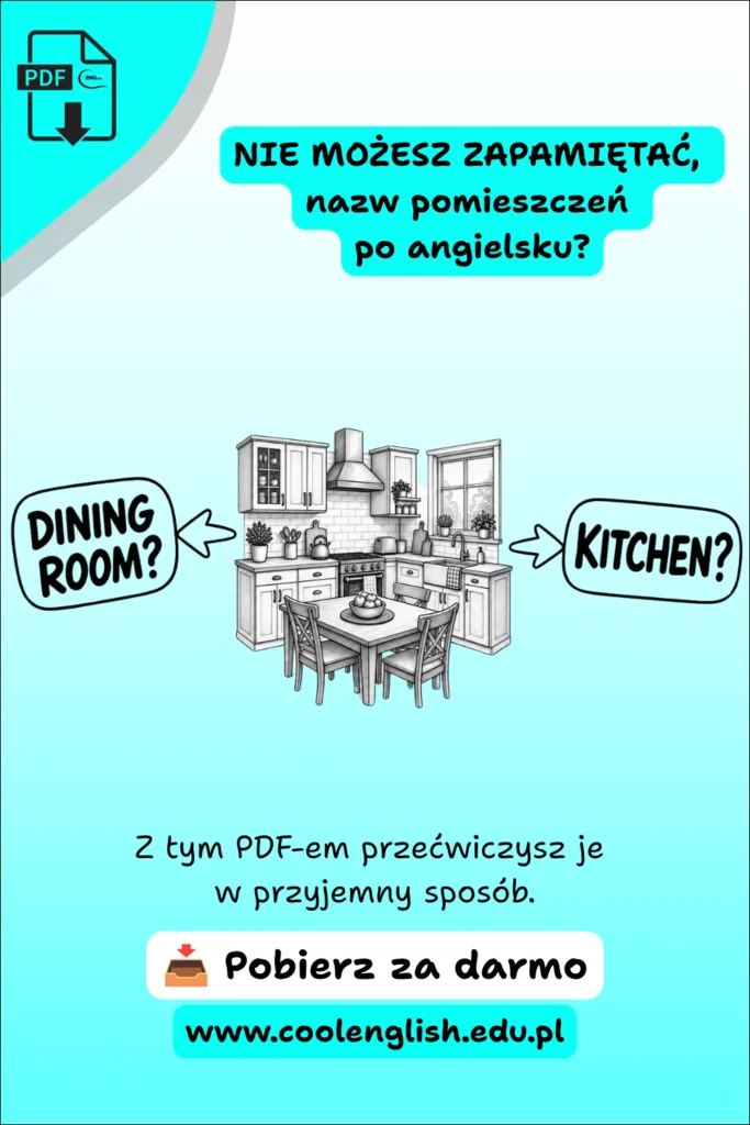 Szkicowana kuchnia ze strzałkami i napisami „dining room?” oraz „kitchen?” – dom po angielsku, darmowy PDF.