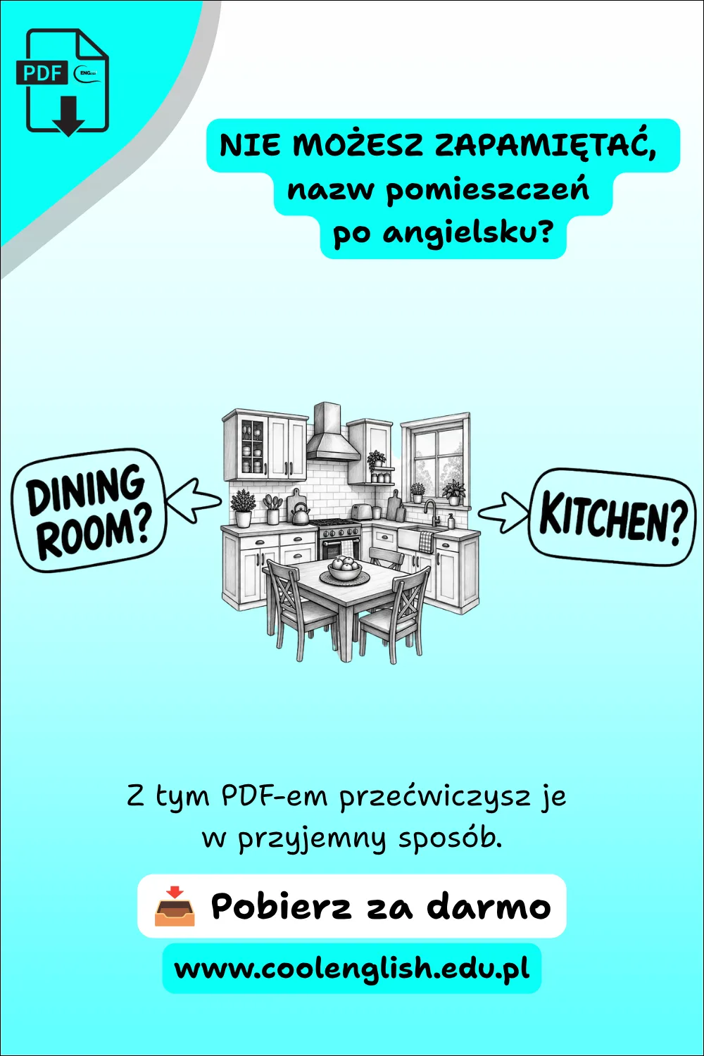 Szkicowana kuchnia ze strzałkami i napisami „dining room?” oraz „kitchen?” – dom po angielsku, darmowy PDF.