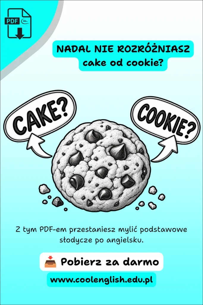 Szkicowane ciasteczko z kawałkami czekolady i napisami „cake?” oraz „cookie?” – darmowy PDF o słodyczach po angielsku.